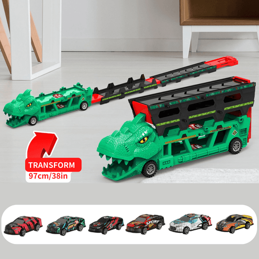 Foldable Ejection Dinosaur Toy Truck with 6 Alloy Race Cars