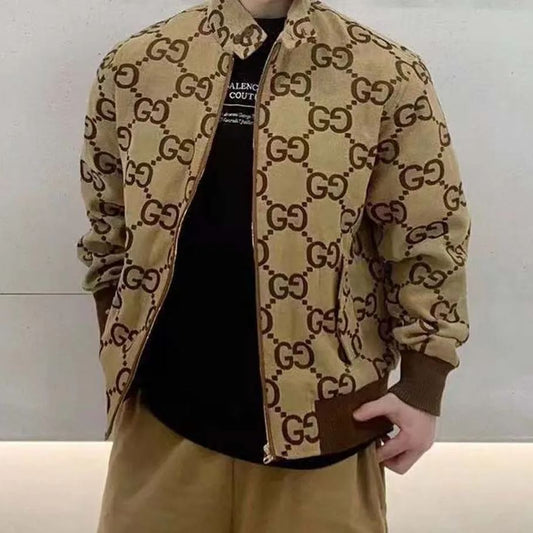 Casual brown letter-printed coat fashion collar zipper design