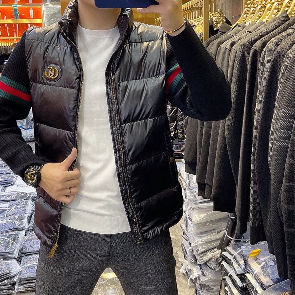 Stand collar knitted sleeve down jacket men's winter new trendy brand high-end European station men's clothing