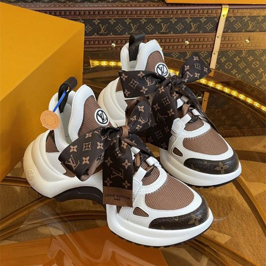 V Fashion Brown Women Sneakers 10240650(The free silk scarf has two colors, printed and plaid, and one is randomly sent.)