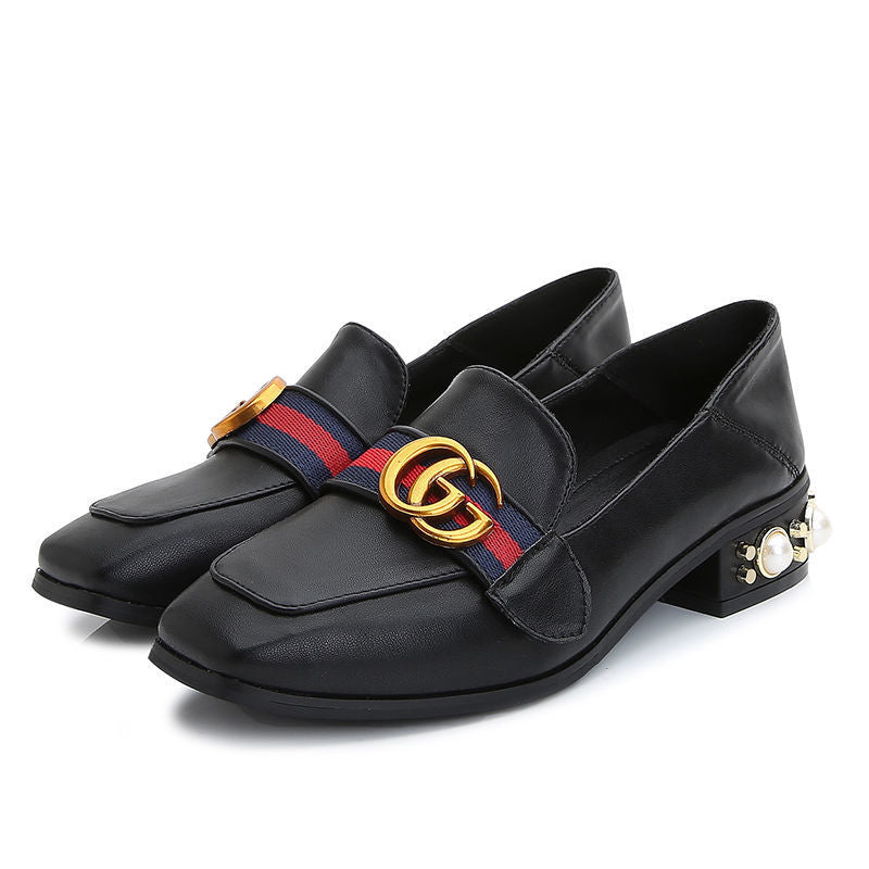 White and Black Low Heel Comfortable G Logo Women's Shoes