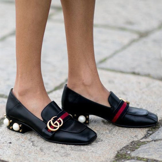 White and Black Low Heel Comfortable G Logo Women's Shoes