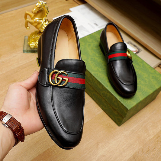 Classic design shiny black g&stripes formal dress slip on shoes